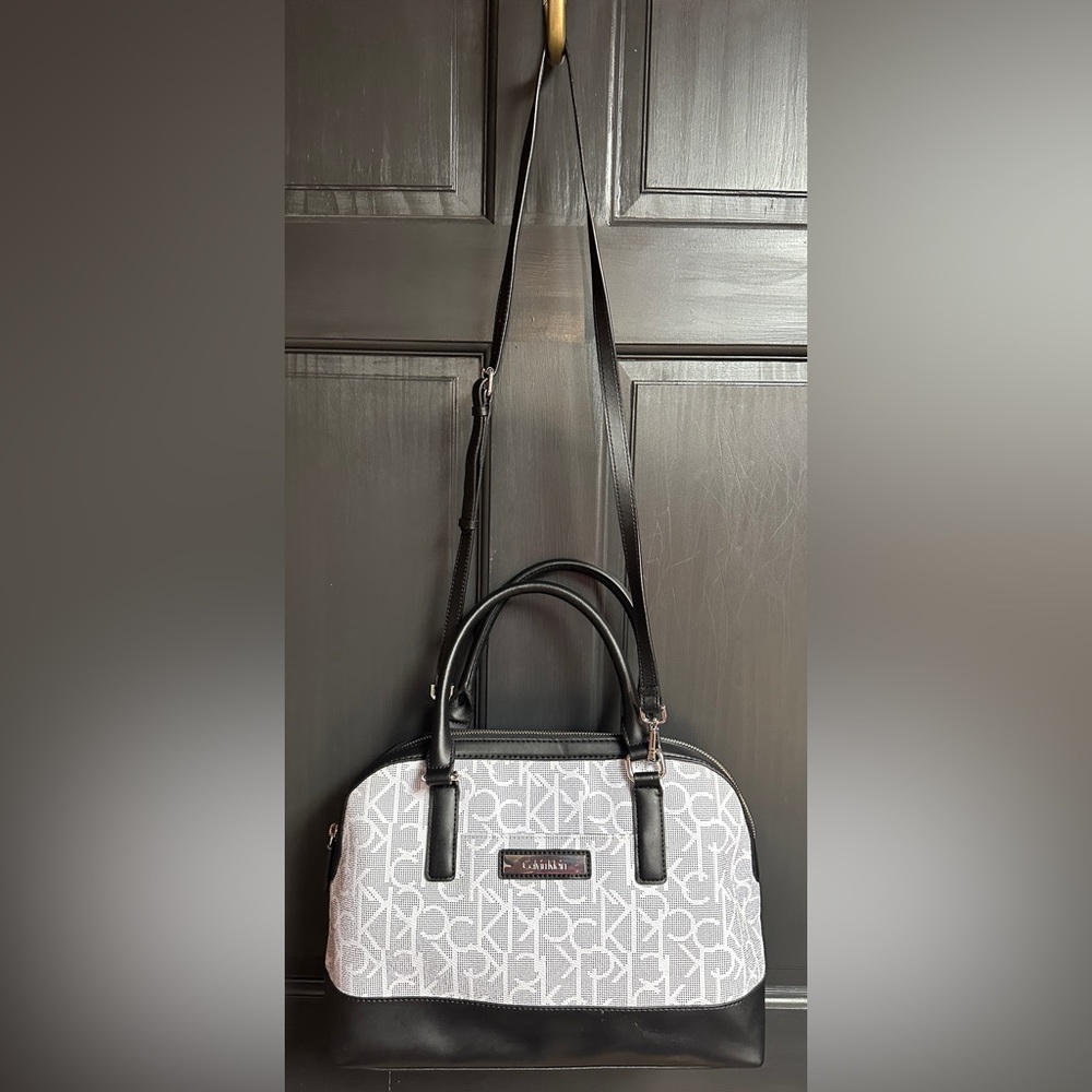 Calvin Klein Black & White Dual Handle/Crossbody Dome Satchel Logo Handbag